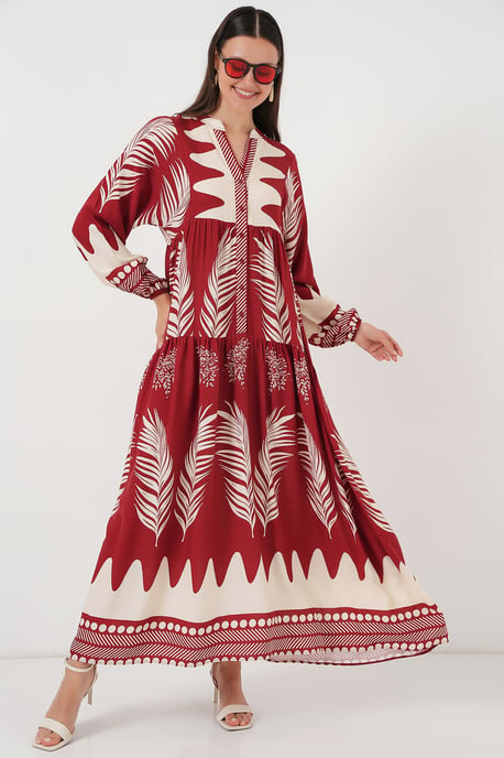 Gemustertes V-Ausschnitt-Maxi-Kleid mit Knopfschluss - Image 1