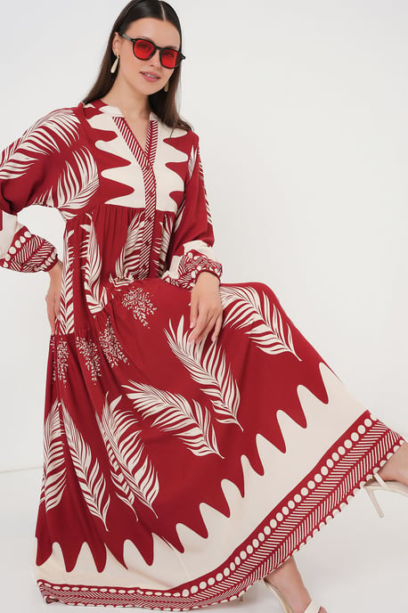 Gemustertes V-Ausschnitt-Maxi-Kleid mit Knopfschluss - Image 2