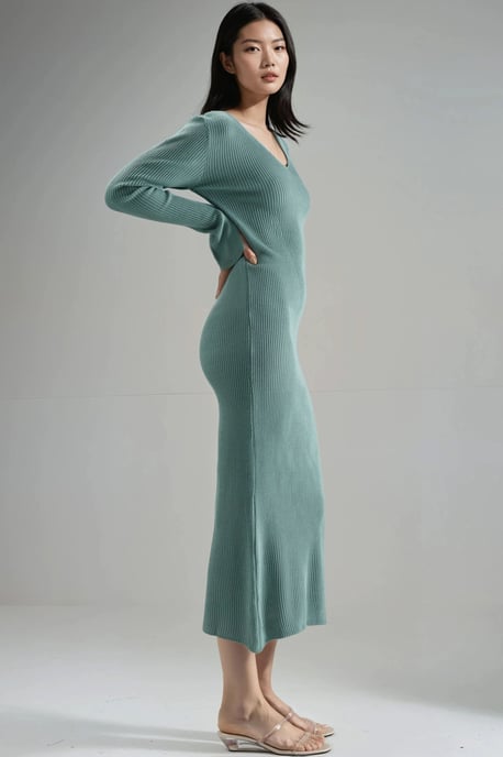 V-Ausschnitt Texturiertes Maxikleid aus Strick mit Schlitz - Image 2
