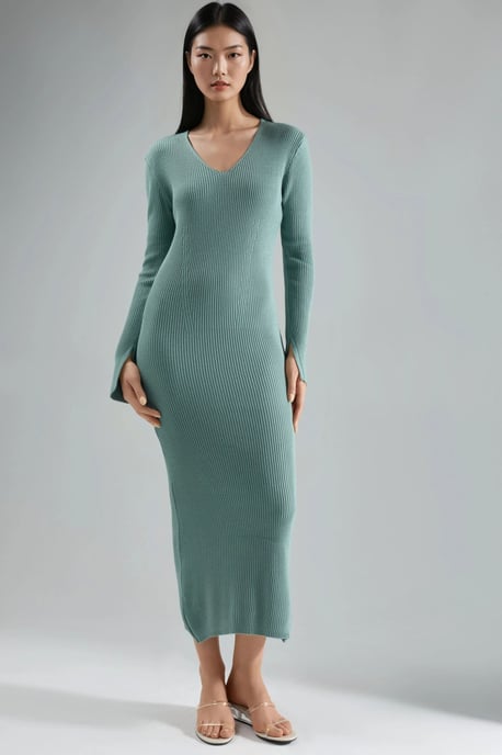 V-Ausschnitt Texturiertes Maxikleid aus Strick mit Schlitz - Image 6