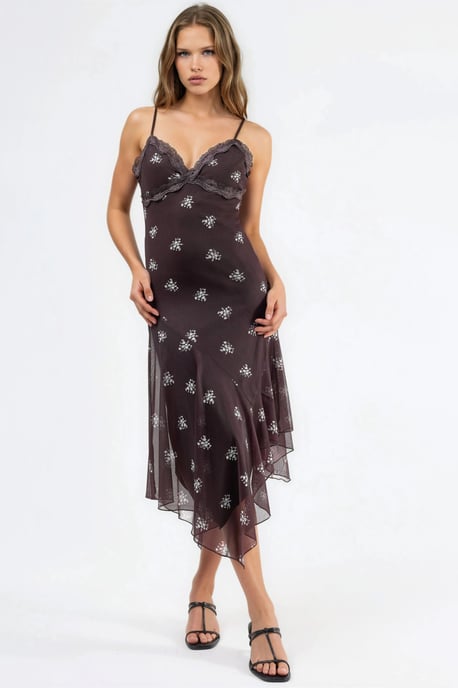 V-Ausschnitt Bedrucktes Bodycon Maxikleid mit Spitze - Image 3