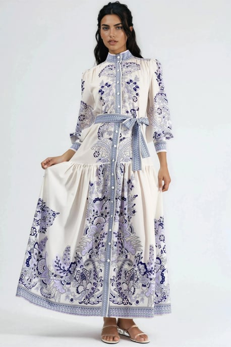 Maxi-Kleid mit Mandarin-Kragen und Gürtel - Image 1