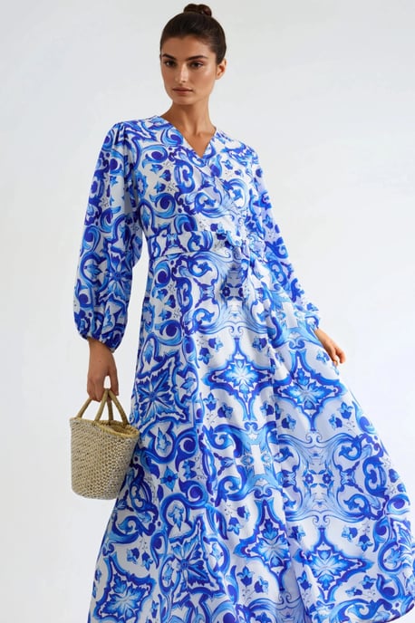 Bedrucktes V-Ausschnitt-Maxikleid mit langen Ärmeln - Image 3