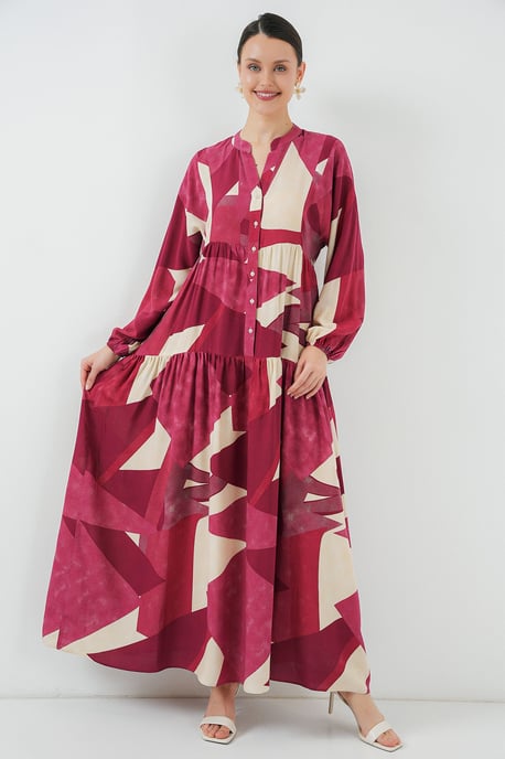 Gedrucktes V-Ausschnitt Maxikleid mit Knopfverschluss - Image 3