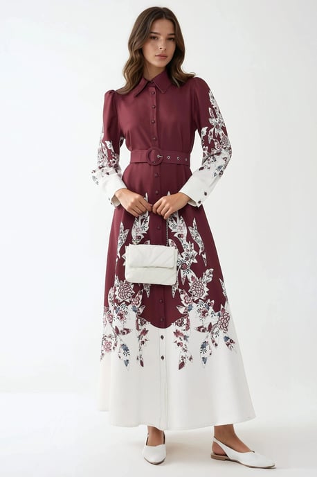 Bedrucktes Maxi-Kleid mit langen Ärmeln und Gürtel - Image 1