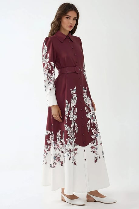 Bedrucktes Maxi-Kleid mit langen Ärmeln und Gürtel - Image 3