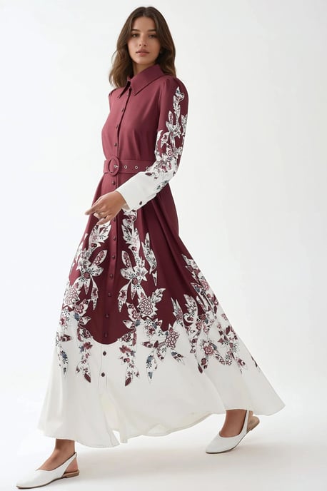 Bedrucktes Maxi-Kleid mit langen Ärmeln und Gürtel - Image 4