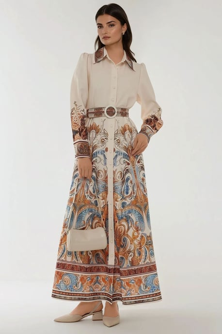 Bedrucktes Maxi-Kleid mit langem Arm und Gürtel - Image 1