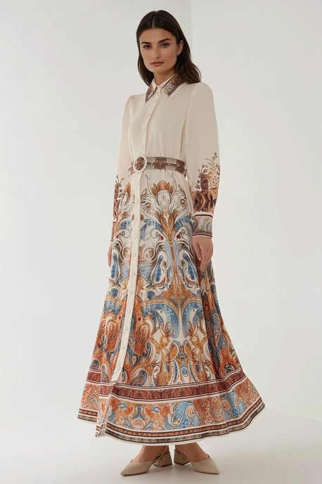 Bedrucktes Maxi-Kleid mit langem Arm und Gürtel - Image 2
