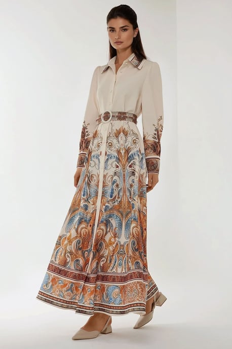 Bedrucktes Maxi-Kleid mit langem Arm und Gürtel - Image 4