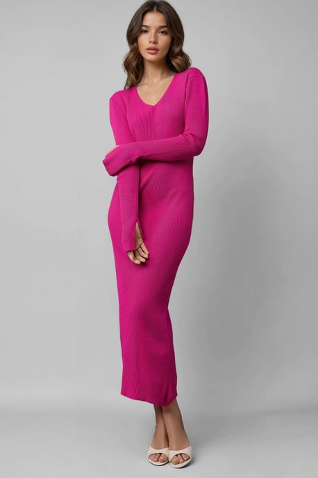 V-Ausschnitt Strukturiertes Maxi-Strickkleid mit Schlitz - Image 1
