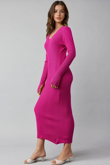 V-Ausschnitt Strukturiertes Maxi-Strickkleid mit Schlitz - Image 2