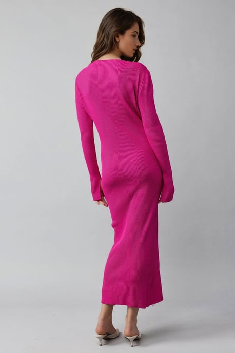 V-Ausschnitt Strukturiertes Maxi-Strickkleid mit Schlitz - Image 3