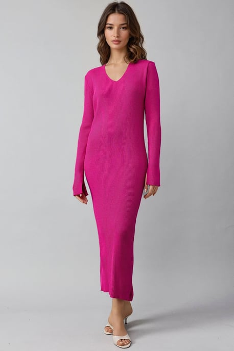 V-Ausschnitt Strukturiertes Maxi-Strickkleid mit Schlitz - Image 5