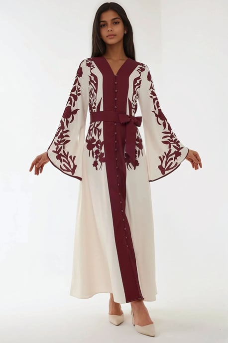 Besticktes Maxikleid mit langen Ärmeln und Gürtel - Image 1