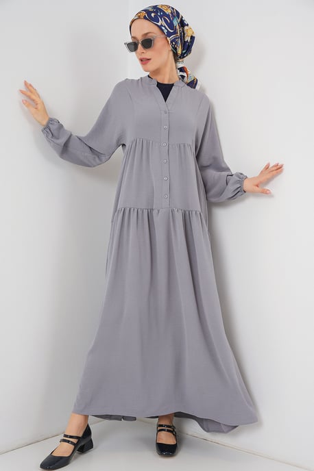 V-Ausschnitt Knopfverschluss Lässiges Maxi-Kleid - Image 3