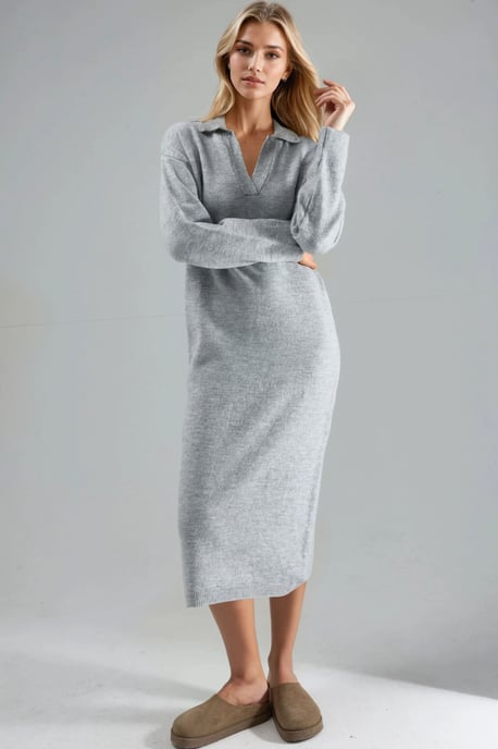 Rippstrick-Polo-Kragen Maxi-Strickkleid - Image 1