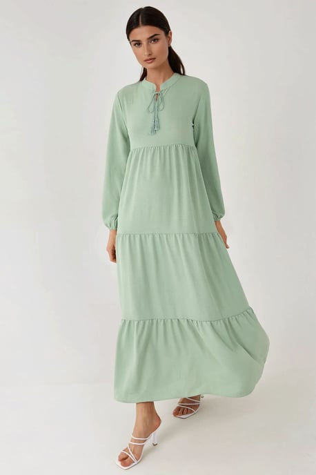 Strukturierter Maxi-Kleid mit langen Ärmeln und Rundhalsausschnitt - Image 2