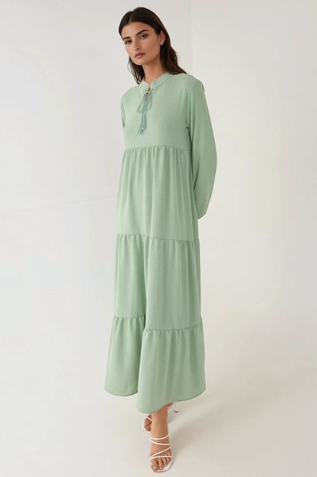 Strukturierter Maxi-Kleid mit langen Ärmeln und Rundhalsausschnitt - Image 3