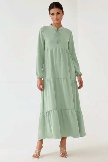 Strukturierter Maxi-Kleid mit langen Ärmeln und Rundhalsausschnitt - Image 4