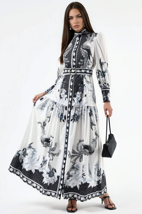 Blumenkleid Maxi mit Hemdkragen und Gürtel - Image 1