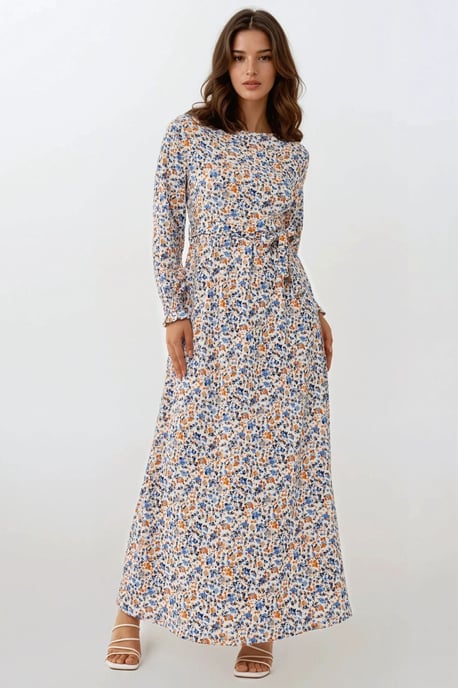 Blühendes Maxi-Kleid mit Rundhalsausschnitt und Gürtel - Image 1
