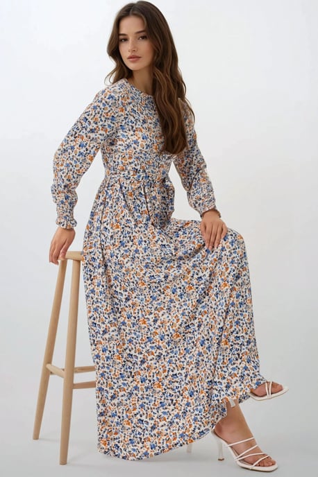 Blühendes Maxi-Kleid mit Rundhalsausschnitt und Gürtel - Image 2