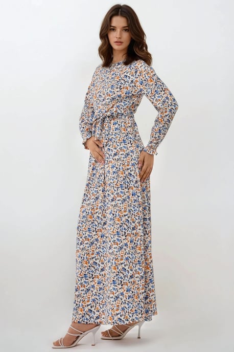 Blühendes Maxi-Kleid mit Rundhalsausschnitt und Gürtel - Image 3