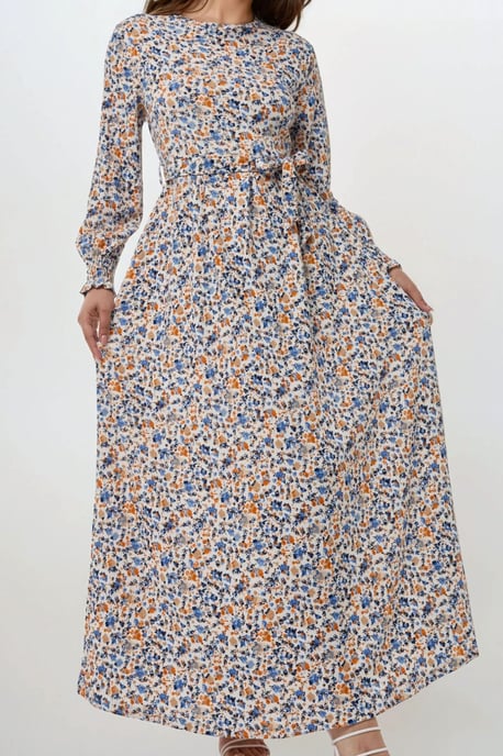 Blühendes Maxi-Kleid mit Rundhalsausschnitt und Gürtel - Image 6
