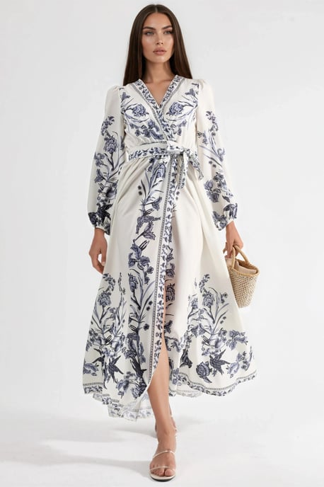 Blumenkleid Maxi mit V-Ausschnitt und Bindedetail - Image 1