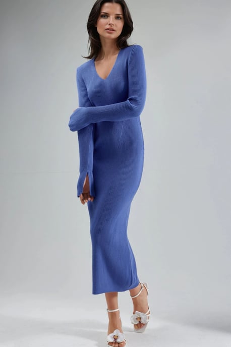 V-Ausschnitt Strukturiertes Maxi-Strickkleid mit Schlitz - Image 1