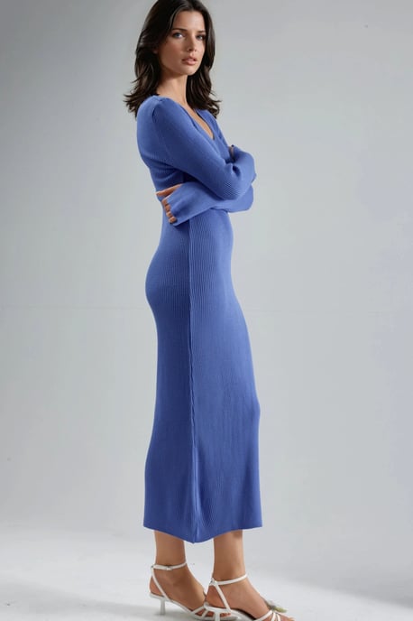 V-Ausschnitt Strukturiertes Maxi-Strickkleid mit Schlitz - Image 2