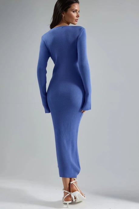 V-Ausschnitt Strukturiertes Maxi-Strickkleid mit Schlitz - Image 3