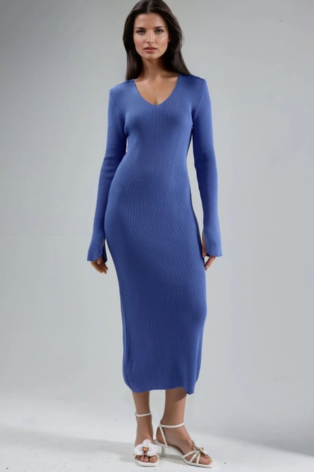 V-Ausschnitt Strukturiertes Maxi-Strickkleid mit Schlitz - Image 6