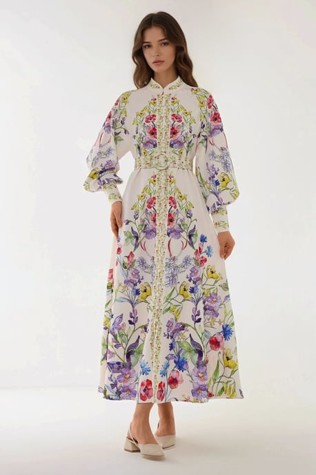 Bedrucktes Maxikleid mit langem Arm und Gürtel - Image 1