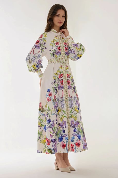 Bedrucktes Maxikleid mit langem Arm und Gürtel - Image 3