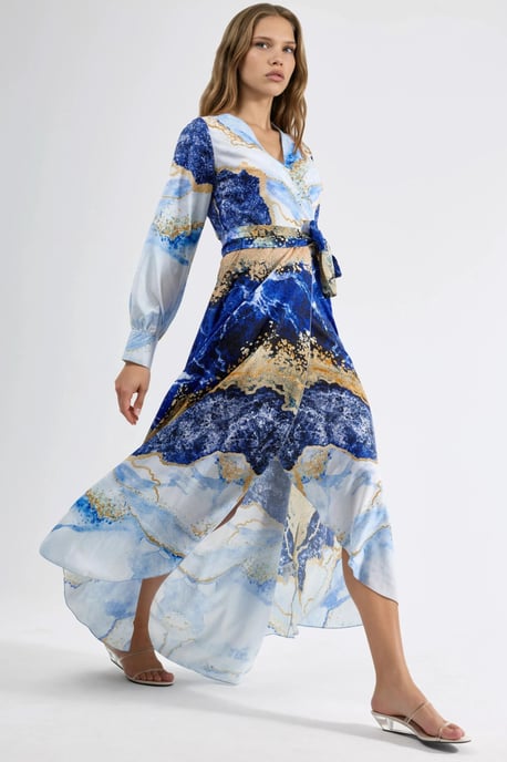 Maxikleid mit abstraktem Druck und langen Ärmeln sowie Bindeband-Detail - Image 2