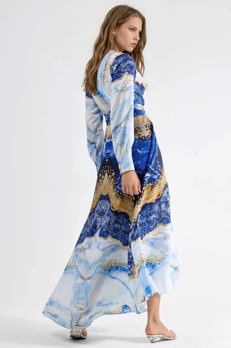 Maxikleid mit abstraktem Druck und langen Ärmeln sowie Bindeband-Detail - Image 3