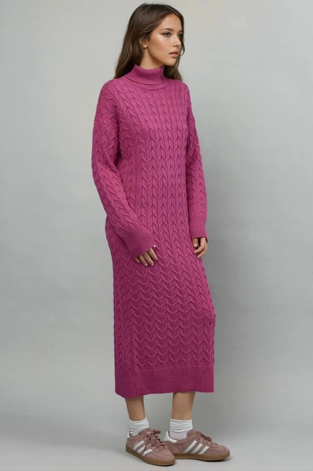 Langarm-Turtleneck-Haarflechter-Strickkleid - Image 3