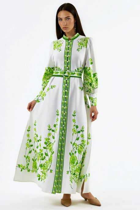 Blumiges Langarm-Maxikleid mit Gürtel und Mandarin-Kragen - Image 1