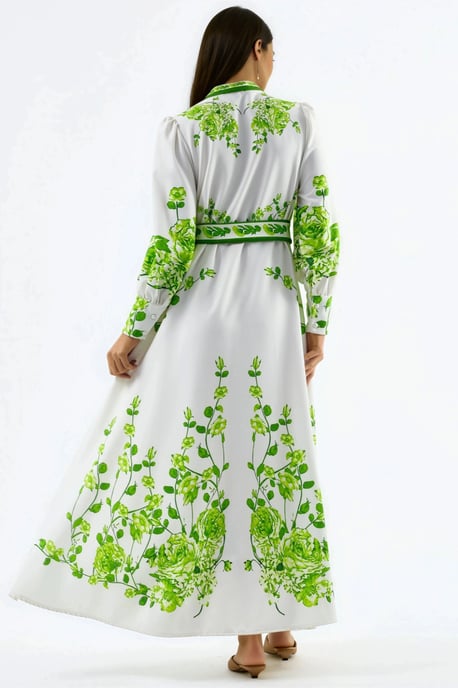 Blumiges Langarm-Maxikleid mit Gürtel und Mandarin-Kragen - Image 3