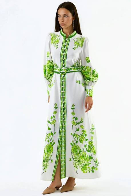 Blumiges Langarm-Maxikleid mit Gürtel und Mandarin-Kragen - Image 4