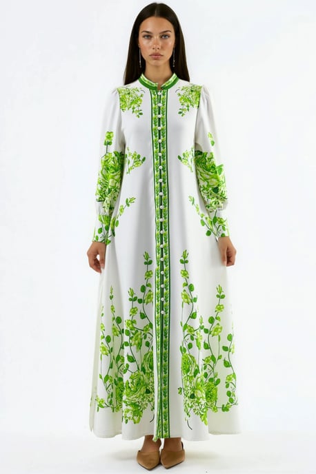 Blumiges Langarm-Maxikleid mit Gürtel und Mandarin-Kragen - Image 6