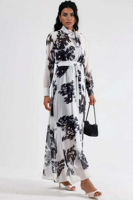 Floral Maxi-Kleid mit Knopfverschluss und Bindeband-Detail - Image 4