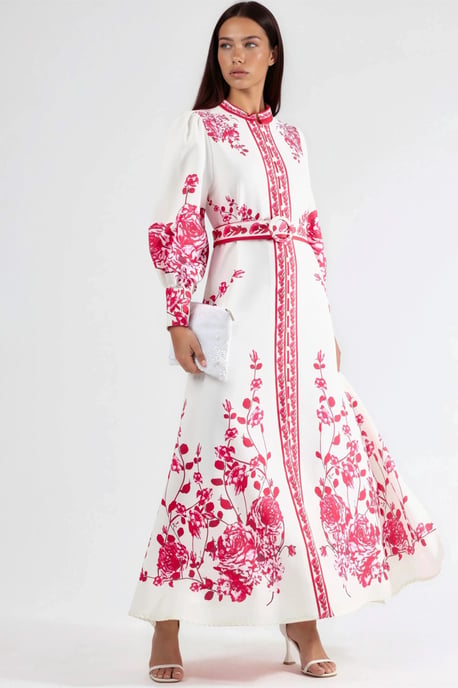 Blumiges Maxi-Kleid mit langen Ärmeln, Gürtel und Mandarin-Kragen - Image 1