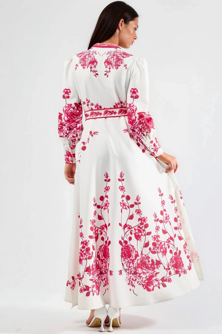 Blumiges Maxi-Kleid mit langen Ärmeln, Gürtel und Mandarin-Kragen - Image 3