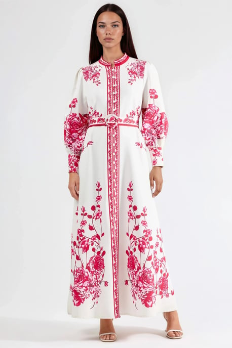 Blumiges Maxi-Kleid mit langen Ärmeln, Gürtel und Mandarin-Kragen - Image 4