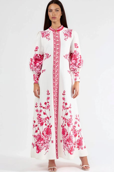 Blumiges Maxi-Kleid mit langen Ärmeln, Gürtel und Mandarin-Kragen - Image 5