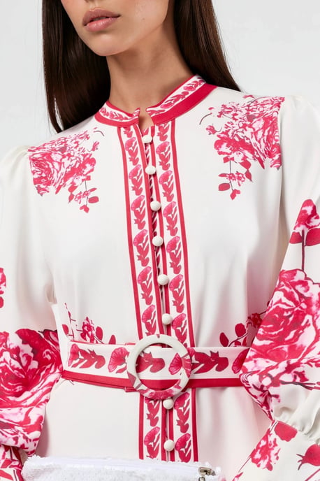 Blumiges Maxi-Kleid mit langen Ärmeln, Gürtel und Mandarin-Kragen - Image 6