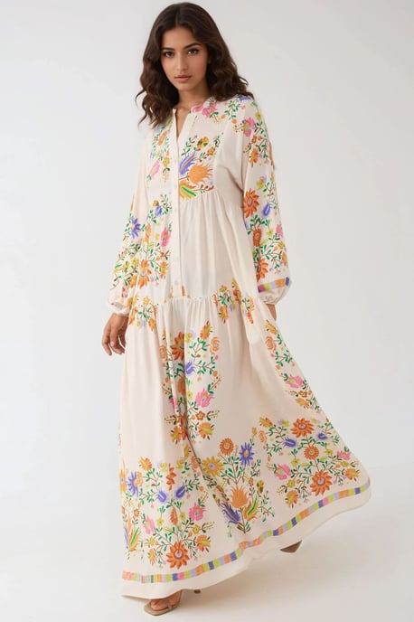 Gedrucktes V-Ausschnitt-Maxikleid mit Knopfdetail - Image 2